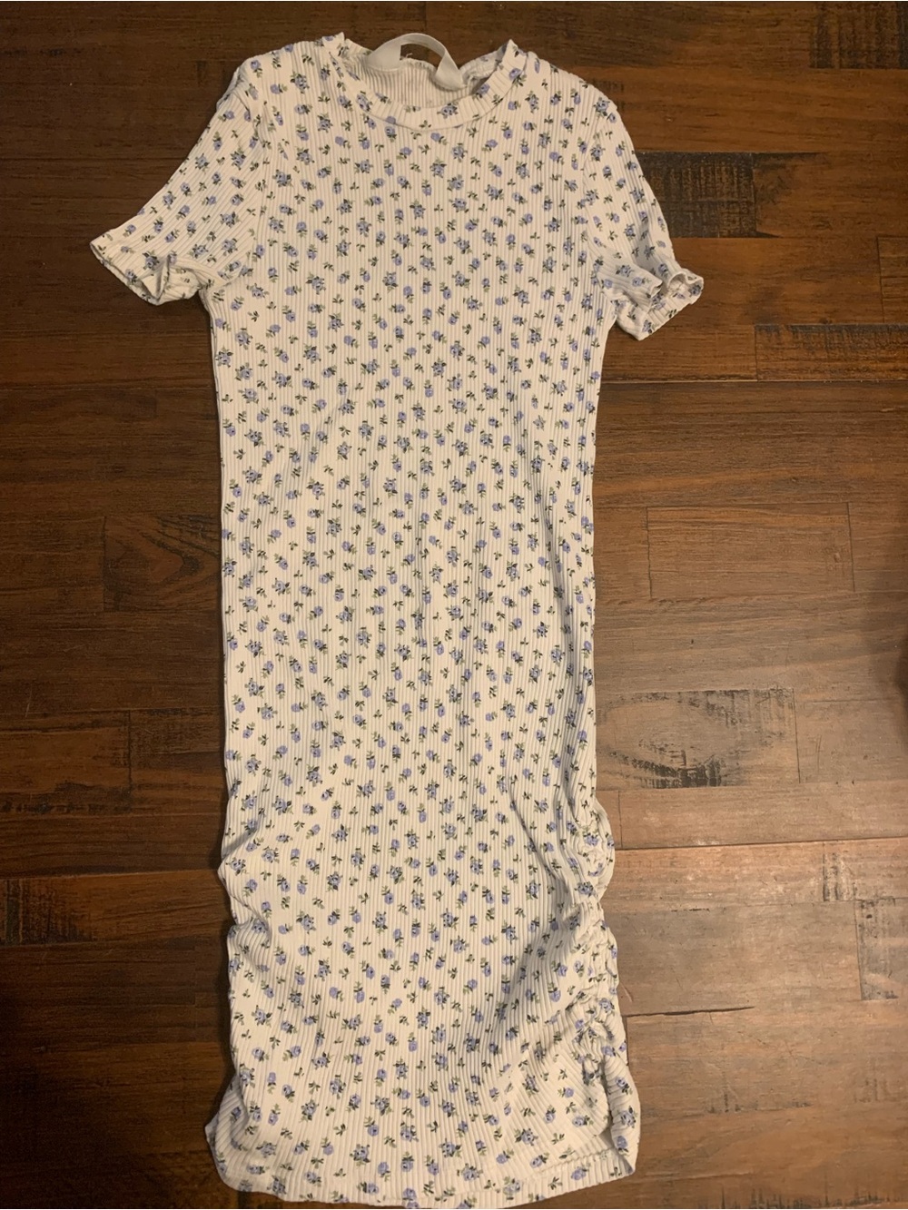 H&M White Ribbed Midi Dress with Blue Floral Print